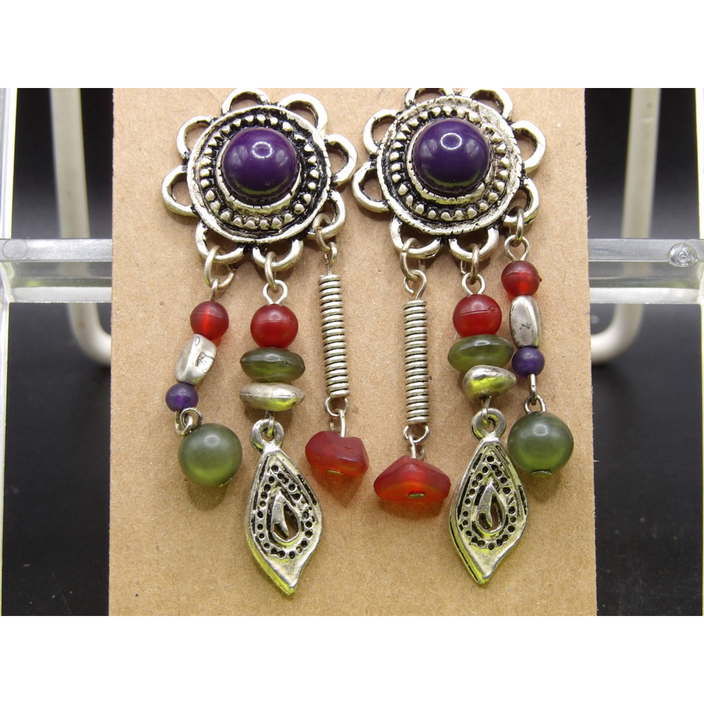 Vintage Designer Art Glass Metal Dangle Drop Earrings Purple Cabochon